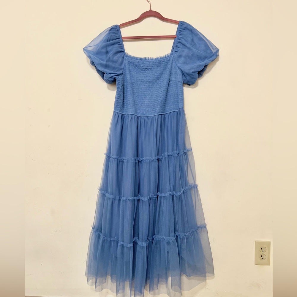 Blue Puff Sleeve Tulle Midi Dress Size XL